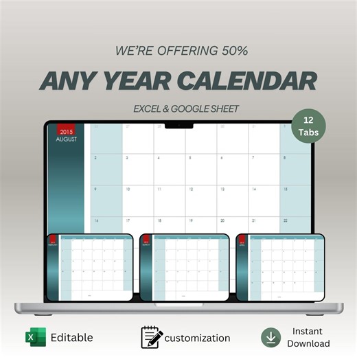 Any Year Calendar Template | Editable 12 Month Calendar Spreadsheet | Excel & Google Sheets Perpetual Planner | Digital Download - Etsy