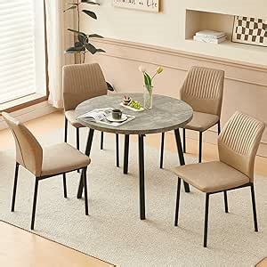 Grey Circle Kitchen Table and Chairs Set for 4, 5 Pieces Dining Table Set, Comfy Leather PU Dining Chairs Upholstered for Small Spaces, Restaurant