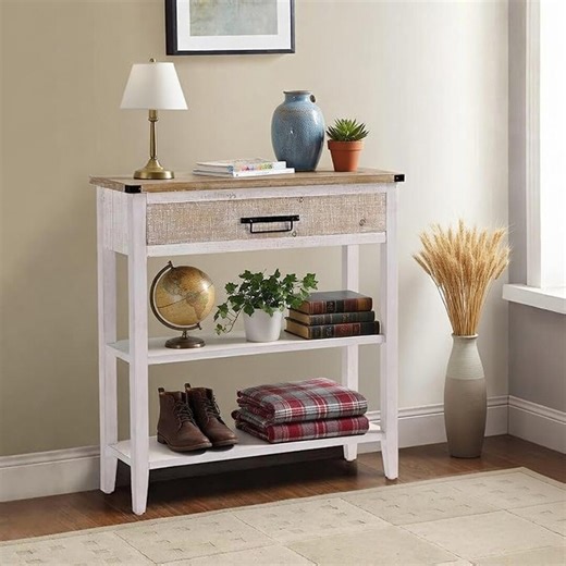 Vintage Farmhouse Console Table | 3-tier Shelves, Drawer, Washed White Finish - Etsy