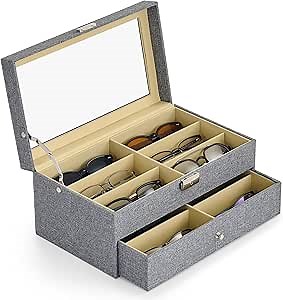 CO-Z Sunglasses Organizer with 12 Slots, Linen Eyeglasses Storage Box for Women Men, 2 Story Lockable Display Case for Multiple Glasses, Sunglasses Jewelry Collection Holder with Drawer, Grey