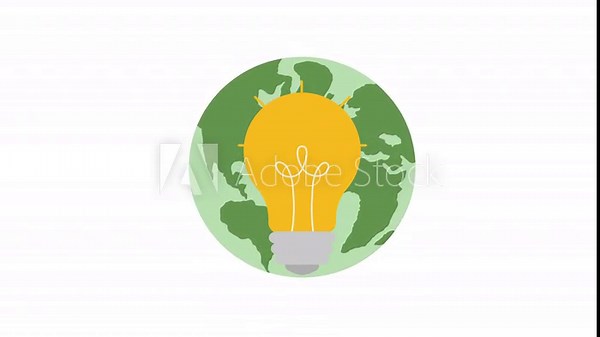 Video animation of flat cartoon planet Earth globe, glowing light bulb. Concept of renewable wind energy source, idea, World Environment Day, Save the Earth, sustainability, ecological zero waste
