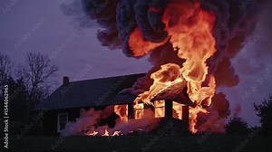 Dramatic house fire with intense flames and thick smoke enveloping the roof. Wind fans the flames.