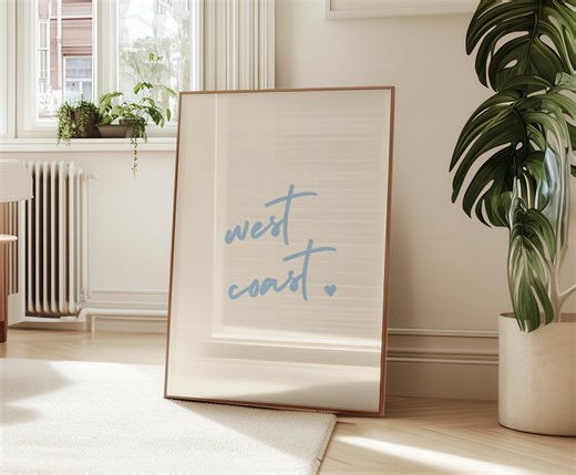 West Coast Script Print | Pastel Blue Coastal Wall Art | Minimal Beach House Decor - Etsy