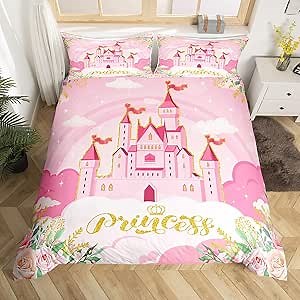 Manfei Princess Full Bedding Sets for Girls,Pink Castle Dreamy Comforter Cover Kids Bedroom Decor,Flowers Bed Set,Fairy Tale Theme Duvet Cover Cute Blanket,Gifts for Girls Age 6-8,No Comforter