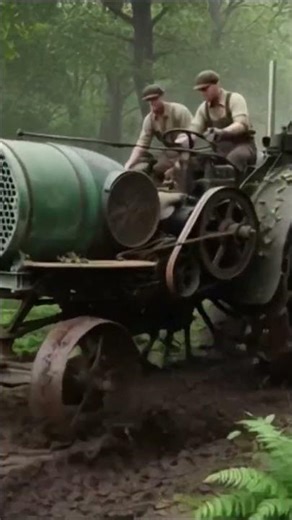 An old tractor digs in the forest