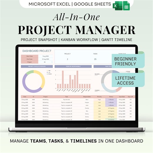 Project Management Spreadsheet Excel Team Task Tracker Google Sheets Gantt Chart Kanban Board Cost Tracker Multi Project Job All in One Plan - Etsy UK