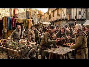 A medieval market bustling with traders.
