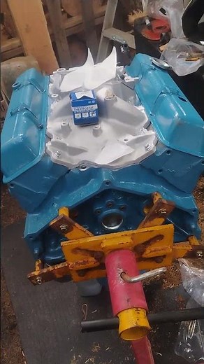 350 Chevy engine, one step closer... note the timing marks