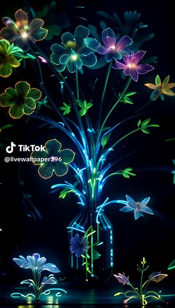 Neon Time-Lapse Bouquet: Glowing Vase and Blooming Flowers