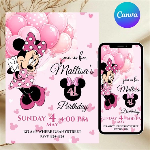 Editable Minnie Mouse Birthday Invitation, Pink Girl Party Invite, Kids Birthday Invite, Canva Template, DIY Texts, Instant Download - Etsy