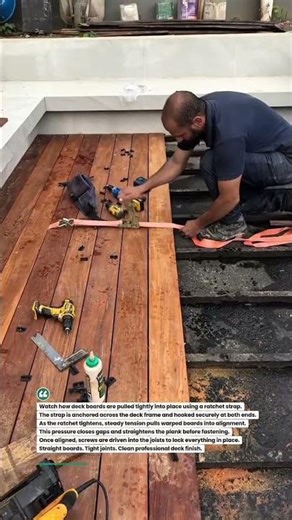 Deck Board Installation with Ratchet Strap Method #DeckBuilding #Carpentry #DIY