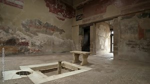 Ancient Herculaneum ruins of a grand villa atrium with a water fountain and impluvium to catch rain water. Stock Video