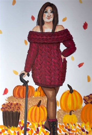 A curvy girl with a cane at the pumpkin patch in honor of the first day of fall 🍂 Materials used: Copic and Ohuhu markers and liner pens, Grabie paint pens, and Prismacolor colored pencils on Strathmore smooth Bristol paper. #satisfyingart #inclusiveart #markerart #disabilityrepresentation Video Description: This satisfying asmr art video shows the coloring process of a fall illustration featuring a plus size woman with a cane. She has straight brown hair and is wearing a maroon off the should