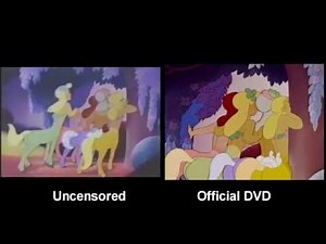 Walt Disney's "Fantasia" 1940 had an offensive black stereotype centaur named sunflower in the pastoral scenes. This character was cut out of the movie and the DVD release versions. Here is the footage comparing them