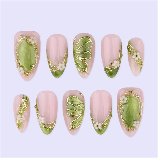 Spring Green Press on With Floral & Butterfly | Gold Fake Nails in Medium Almond | Handmade Nail Art for Everyday Wear or Gift - Etsy
