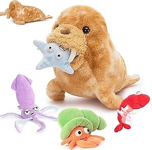 MorisMos 5Pcs Walrus Stuffed Animal Set,18'' Big Walrus Plush Toy with Crab,Lobster,Squid,Starfish Plushies,Bulk Marine Animal Gifts for Kid Girl Boy Ocean Lover Sea Animal for Birthday Christmas