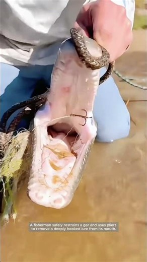 Removing a Fishing Lure From a Gar’s Mouth