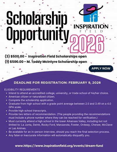 2025–2026 Scholarship Opportunity Inspiration Field is proud to support local students in pursuing their educational goals. We are offering scholarships to individuals planning to attend an accredited college, university, or trade school during the 2025–2026 academic year. Award Details: Up to three scholarships will be awarded, each valued at $500. Eligibility Requirements: Applicants must: Plan to attend an accredited college, university, or trade school Be a U.S. citizen or naturalized citize
