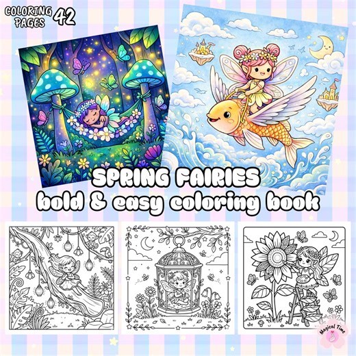 Cozy Spring Fairies Coloring Pages, Simple and Bright Drawings, Relaxing Coloring Pages for Adults and Children (download PDF) - Etsy