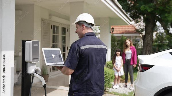 Qualified technician working on home EV charging station installation, making troubleshooting and configuration setup on charging system with laptop for EV at home. Fastidious