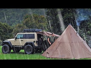 HOT TENT Camping in SEVERE RAIN [ Relax in warm and cosy Tepee with fire place | Car | ASMR ]