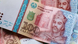 Many different Tajik somoni currency as a Tajikistan money circle rotation background