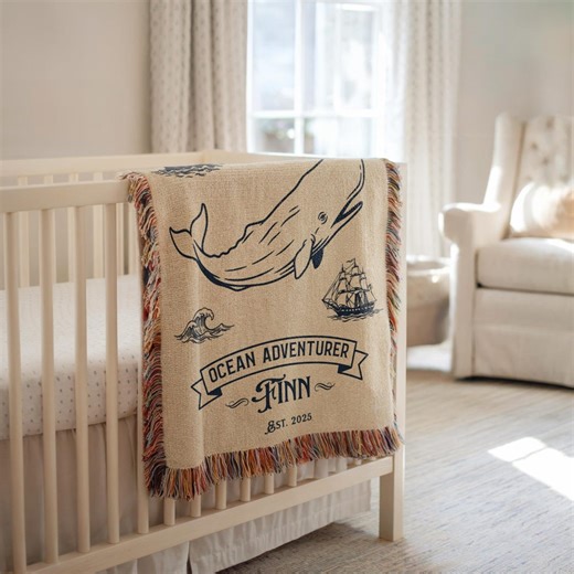 Personalized Whale Baby Blanket, Nautical Nursery Decor, Ocean Adventure Throw, Custom Name Baby Blanket, Coastal Baby Gift for Nursery Gift - Etsy