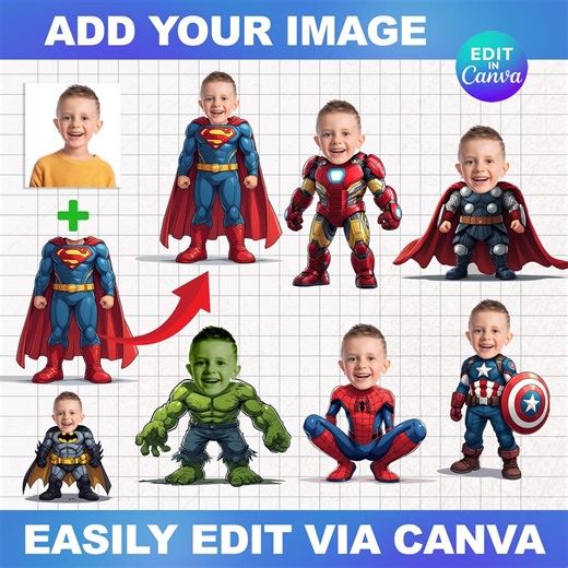 Superhero Birthday Party Cupcake Topper Customize Add Your Face Photo Boy Girl Kids PNG Canva DIY Birthday Party Cupcake Topper Template - Etsy