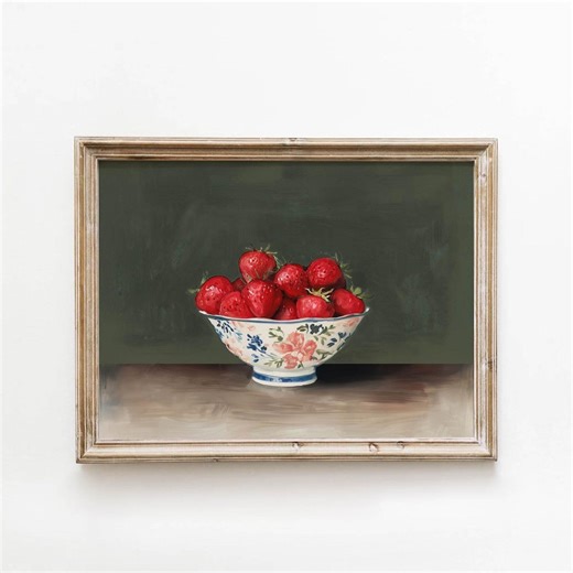 Red Strawberry Printable, Still Life Fruit Painting, Cozy Green Kitchen Wall Art, Cottagecore Painting, Grandmillenial Style Download 0152 - Etsy UK