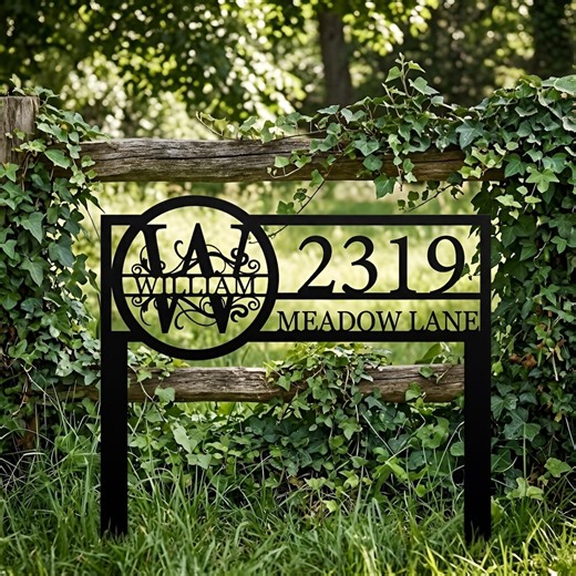 Custom Monogram Address Stake, Personalized House Number Sign, Metal Family Name Garden Sign, Outdoor Address Plaque