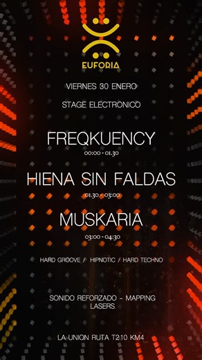 Euforia Club Discotheque on Instagram: "Nos enorgullece presentar una nueva edición de nuestro stage electornico en euforia club, este viernes 30 de Enero se presentará Freqkuencie DJ y productor de techno originario de Valdivia, Chile, activo en la escena electrónica desde 2013. Su proyecto artístico se centra en los subgéneros Hard Groove, Sci-Fi y Hypnotic Techno, desarrollando una propuesta sonora profunda, intensa y orientada al club. Su estilo se caracteriza por grooves rítmicos contundent