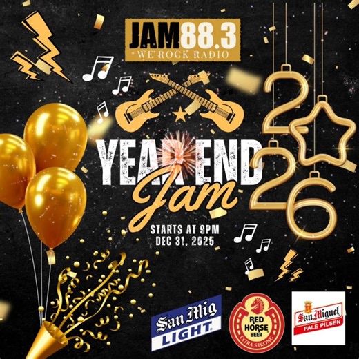 🎸🔥 JAM 88.3 YEAR END JAM 🔥🎸 Get ready to turn it up as we blast all the greatest rock hits through the decades and welcome a loud, unapologetically rockin’ 2026! 🤘🎆 From timeless anthems to era-defining riffs, we’re closing the year the only way we know how — LOUD. 🗓️ Mark your calendars ⏰ Show starts at 9:00 PM 📻 Only on Jam 88.3 — We Rock Radio 🍺 YEAR END JAM is brought to you by: ✨ San Mig Light — Get into the light life with San Mig Light! 🍻 San Miguel Pale Pilsen — The True Global