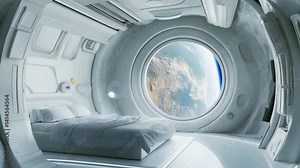 A futuristic, sci-fi style bedroom with a sleek, white interior on a space station