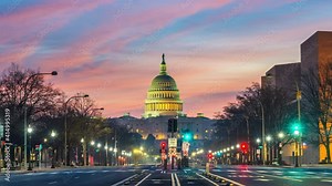 Timelapse of Pennsylvania Avenue and US Capitol at night, Washington DC, USA