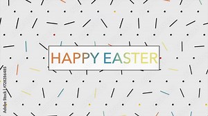 A vibrant and playful Easter design featuring colorful dot patterns arranged randomly on a white background, with the words Happy Easter in the center