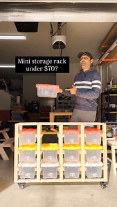 Build a mini storage rack! I found these small storage bins for under $3 bucks, but stacking them makes the bottom one impossible to grab, especially if you have a lot. So, I built a simple rolling rack from 2×2 and 1×2 furring strips, spacing the rails at 5½″ so each bin hangs and slides out individually. After a dry fit, I added a scrap plywood top and casters, and the whole build came in under $70. Be honest - would you try this versus buying a rack with bins ready-made? Materials: 2”x2”x8’ f