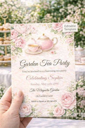 Garden Tea Party Invitation Template Pink Floral, Editable Canva Birthday Invite Girl, Elegant Tea Party Invite - Etsy