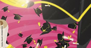 Graduation caps and diplomas floating over pink background