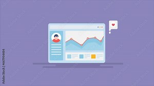 Website visitor dashboard information, online business performance graph diagram on interface, customer profile data, social media marketing insights conceptual video animation 2d clip.