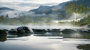 A soothing hot spring surrounded by foggy mountains providing the perfect setting for a peaceful and rejuvenating sleep.