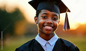 A young black woman wearing a black graduation cap and gown is smiling
