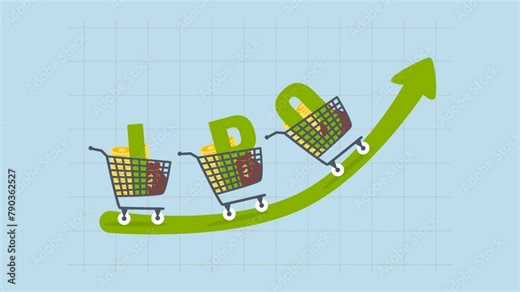 New stock IPO, Animation of Cart with money coins and the alphabet IPO riding on a rising green trade price graph.