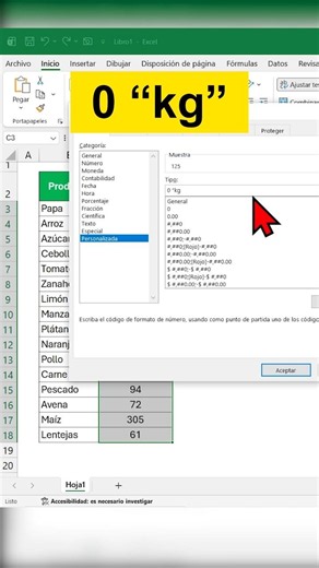 Añade «kg» a 10 000 celdas en SEGUNDOS #excel #productividad #shorts #fyp