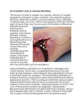 Venous Bleeding in Health Care Worksheet for Sub-Plan or Classwork & Homework