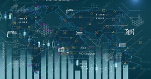 Cybersecurity threats and risk analysis animation over world map with data charts
