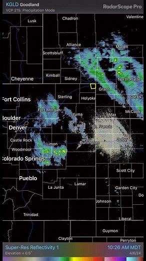 Very pronounced spin on radar showing the deepening surface low with strong/severe thunderstorms developing on the north & east flank and rain/snow on the northwest/west flank. Spring is gonna spring! #COwx #NEwx #WYwx | Denver & Front Range Weather