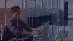 Typing on laptop, businessman with stock market data animation over office background Stock Video