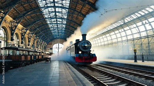 Vintage steam train departing from a historic station, surrounded by old carriages and architecture