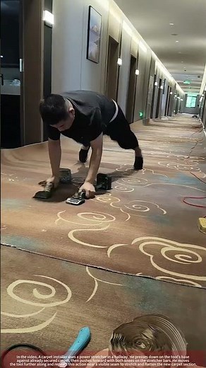 Installer Knees Carpet Power Stretcher Tightening a Seam