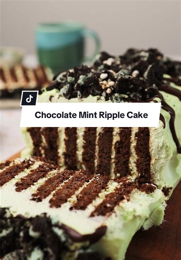 Save to make ripples with this delicious mint chocolate ripple cake! Cake: 400ml thickened plant cream, chilled 50g icing sugar, or to taste 2 tbsp cream stabiliser (optional) 3 tsp peppermint extract (or to taste) 10-15 drops of green liquid food colour 250g vegan chocolate biscuits (e.g. Arnott’s chocolate ripple) To decorate (optional): Melted dairy-free chocolate Chocolate mint cream biscuits, crushed Add cream to a large bowl (if using a hand mixer) or to a stand mixer. Whip until soft peak